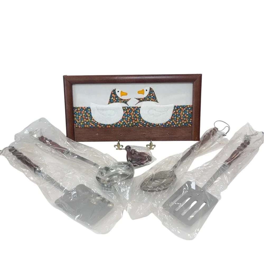 New‎ Vintage House of Lloyd Goose Handing Kitchen Cooking Utensils Rack Set Wood